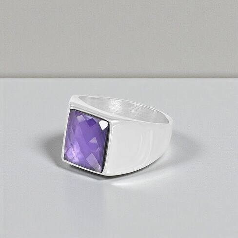 Men’s Silver Plated Steel Amethyst Ring – Faceted Amethyst Stone Minimal Signet Ring | Polished Smooth Band | Modern Stainless Steel Men’s Ring Fashion Jewelry in Kuwait
