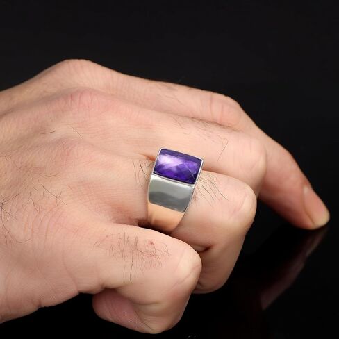 Men’s Silver Plated Steel Amethyst Ring – Faceted Amethyst Stone Minimal Signet Ring | Polished Smooth Band | Modern Stainless Steel Men’s Ring Fashion Jewelry in Kuwait