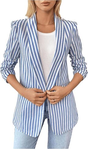 Floerns Women's Striped 3/4 Sleeve Blazer Jacket Collared Neck Business Casual Suit Jacket in Saudi Arabia