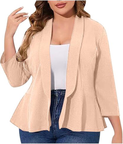 Plus Size Blazer Women 3/4 Sleeve Casual Blazers Lightweight Ruffle Hem Cardigan Trendy Elegant Open Front Sweaters in Saudi Arabia