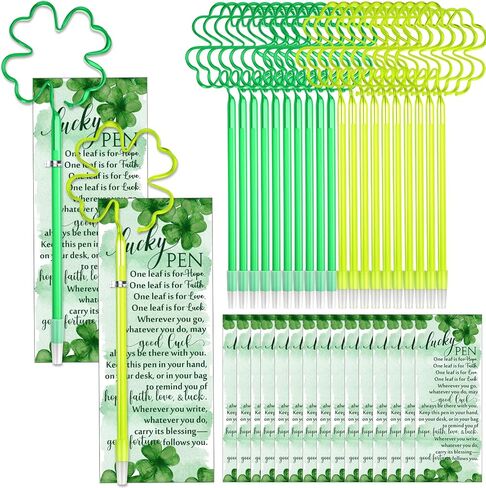 20 Pcs St. Patrick's Day Gift Patrick's Day Four Leaf Clover Pens Irish Lucky Black Ink Rollerball Pens Irish Presents with Cards Ties for School Office Classroom in Saudi Arabia