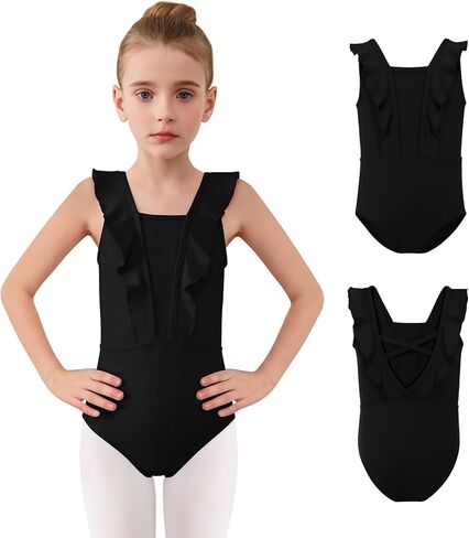 Haloumoning Girls Ballet Leotards Kids Ruffle Sleeveless Criss-Cross Back Leotard Gymnastics Dance Outfits 3T-12Y in Saudi Arabia