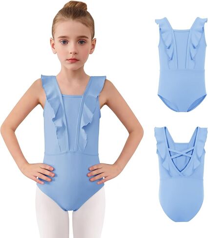 Haloumoning Girls Ballet Leotards Kids Ruffle Sleeveless Criss-Cross Back Leotard Gymnastics Dance Outfits 3T-12Y in Saudi Arabia