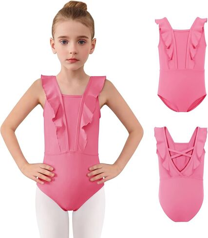 Haloumoning Girls Ballet Leotards Kids Ruffle Sleeveless Criss-Cross Back Leotard Gymnastics Dance Outfits 3T-12Y in Saudi Arabia