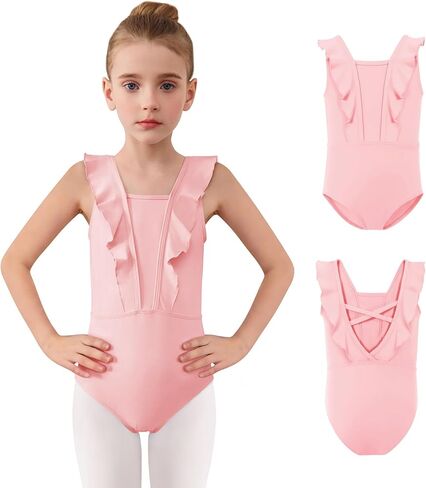 Haloumoning Girls Ballet Leotards Kids Ruffle Sleeveless Criss-Cross Back Leotard Gymnastics Dance Outfits 3T-12Y in Saudi Arabia