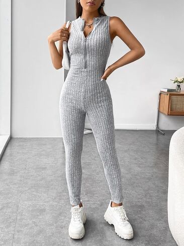 رومبير نسائي بسحاب أمامي ورقبة وهمية بدون أكمام من نسيج مضلع من Unitard in Saudi Arabia