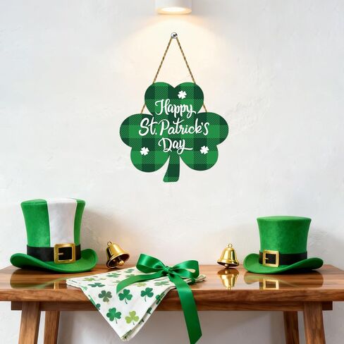 St Patricks Day Wreath Happy St Patricks Day Door Decorations Buffalo Plaid Shamrock Decorations Shamrock Wreath Hanging Sign Wooden Front Door Hanger for Porch Wall Indoor Home Decor in Saudi Arabia