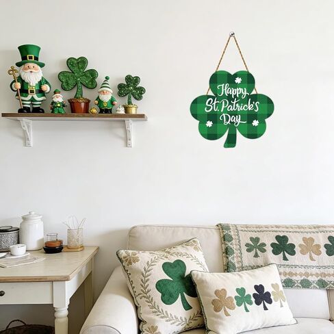 St Patricks Day Wreath Happy St Patricks Day Door Decorations Buffalo Plaid Shamrock Decorations Shamrock Wreath Hanging Sign Wooden Front Door Hanger for Porch Wall Indoor Home Decor in Saudi Arabia