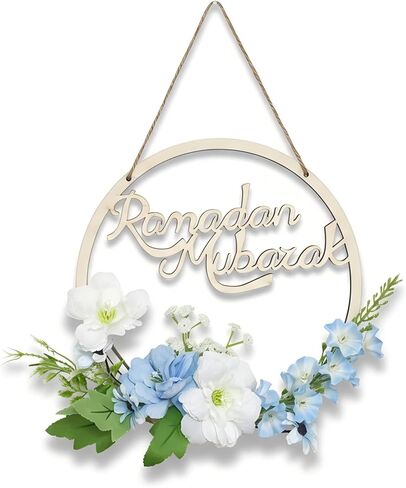 إكليل رمضان مبارك الخشبي للباب الأمامي، إكليل معلق من الزهور الاصطناعية، ديكورات رمضان لديكور المنزل ونافذة الحائط والديكور الداخلي والخارجي in Kuwait