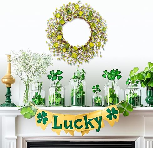 20 بوصة إكليل عيد القديس باتريك، إكليل باب شامروك باللونين الأخضر والأبيض مع البرسيم المحظوظ للديكور الداخلي والخارجي، ديكور المنزل للحفلات الأيرلندية in Kuwait