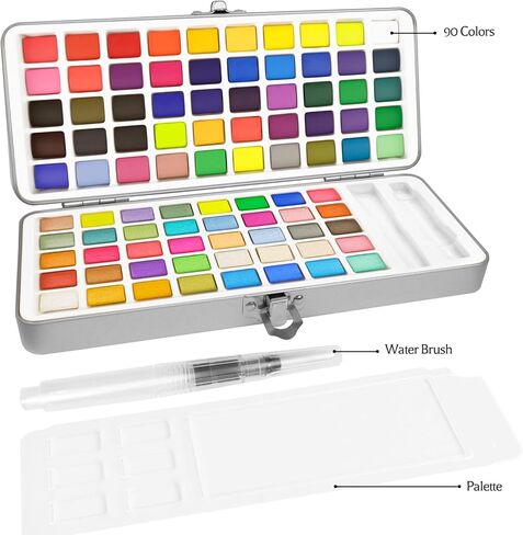 مجموعة طلاء الألوان المائية من REALART 50 لونًا مع معدن في صندوق محمول، طقم طلاء مع أوراق وفرش ألوان مائية، مجموعة ألوان مائية للمبتدئين والمحترفين (50 لونًا) in Kuwait