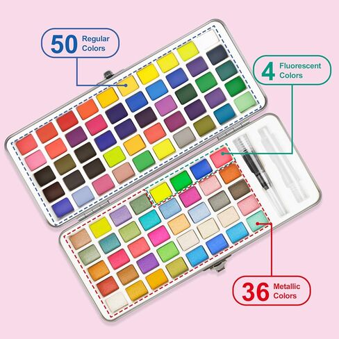 مجموعة طلاء الألوان المائية من REALART 50 لونًا مع معدن في صندوق محمول، طقم طلاء مع أوراق وفرش ألوان مائية، مجموعة ألوان مائية للمبتدئين والمحترفين (50 لونًا) in Kuwait