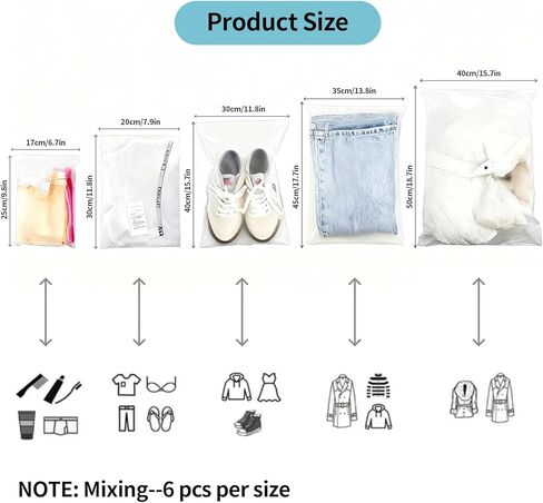 30 قطعة من أكياس تغليف الملابس، 5 أحجام مختلفة من أكياس الملابس البلاستيكية الشفافة القابلة لإعادة الاستخدام لتخزين السفر - القمصان والقمصان والملابس الداخلية وملابس السباحة، مع فتحات تهوية in Kuwait