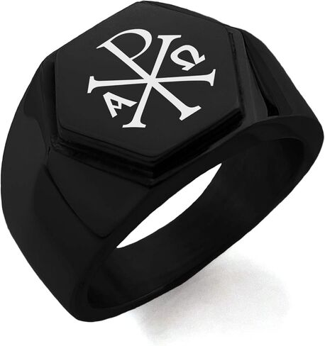 حلقة مصقولة من الفولاذ المقاوم للصدأ مطلية بطبقة IP سوداء من Chi Rho Alpha Omega Hexagon Crest مسطحة من الأعلى على طراز راكبي الدراجات النارية، مقاس 9 in Saudi Arabia