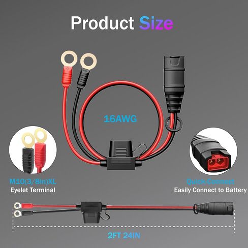 2-Pack GC008 X-Connect Compatible with NOCO Battery Charger Accessories Cables,M10 (3/8in) XL Eyelet Terminal onnector Smart Batteries Trickle Charger Cable,with 20A Fuses in Kuwait