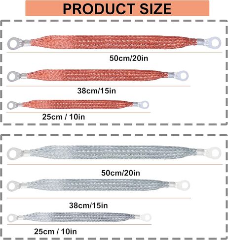 مجموعة الأشرطة الأرضية العالمية للسيارات من Costyleen، 12 قطعة: كابلات أرضية نحاسية مضفرة مقاس 10/15/20 بوصة مع أطراف حلقية - أشرطة أرضية المحرك لمعظم السيارات in Kuwait