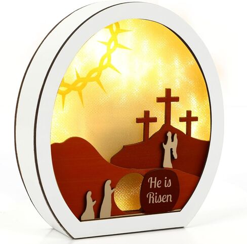 ديكور مضيء لعيد الفصح من He is Risen، مشهد القيامة الخشبي ذو الطبقات مع مصباح LED، قبر فارغ وصلبان ضوء ليلي، ديكور طاولة عيد الفصح المسيحي للمنزل، الرف، المكتب، زاوية الصلاة in Kuwait
