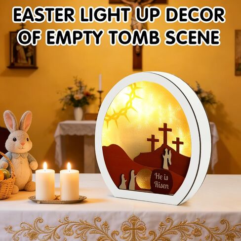 ديكور مضيء لعيد الفصح من He is Risen، مشهد القيامة الخشبي ذو الطبقات مع مصباح LED، قبر فارغ وصلبان ضوء ليلي، ديكور طاولة عيد الفصح المسيحي للمنزل، الرف، المكتب، زاوية الصلاة in Kuwait