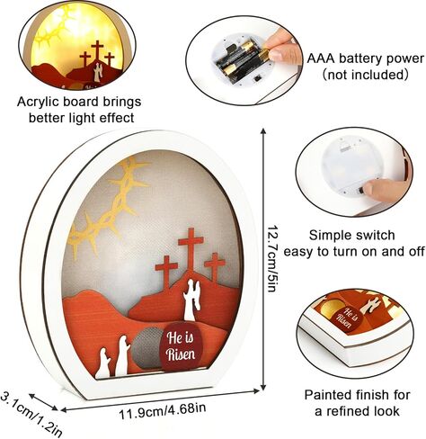 ديكور مضيء لعيد الفصح من He is Risen، مشهد القيامة الخشبي ذو الطبقات مع مصباح LED، قبر فارغ وصلبان ضوء ليلي، ديكور طاولة عيد الفصح المسيحي للمنزل، الرف، المكتب، زاوية الصلاة in Kuwait