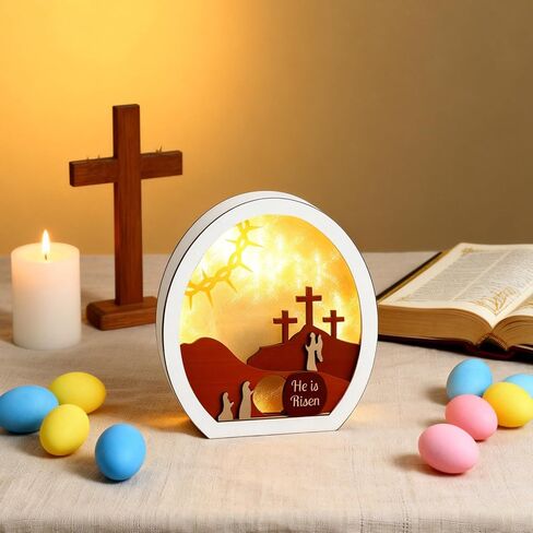 ديكور مضيء لعيد الفصح من He is Risen، مشهد القيامة الخشبي ذو الطبقات مع مصباح LED، قبر فارغ وصلبان ضوء ليلي، ديكور طاولة عيد الفصح المسيحي للمنزل، الرف، المكتب، زاوية الصلاة in Kuwait