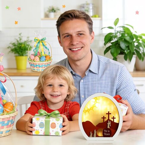 ديكور مضيء لعيد الفصح من He is Risen، مشهد القيامة الخشبي ذو الطبقات مع مصباح LED، قبر فارغ وصلبان ضوء ليلي، ديكور طاولة عيد الفصح المسيحي للمنزل، الرف، المكتب، زاوية الصلاة in Kuwait