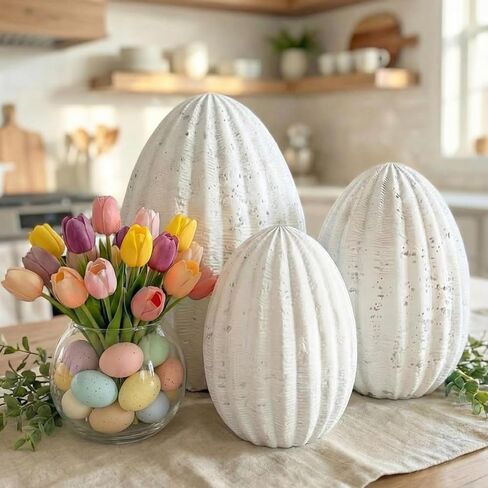Jenaai 3 Pcs White Resin Easter Egg Decor Set - Travertine Textured Sculptures, Farmhouse Neutral Table Centerpiece for Spring/Easter Party, Indoor Home Shelf/Desk Vintage Decorations & Gifts in Saudi Arabia