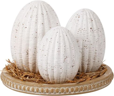 Jenaai 3 Pcs White Resin Easter Egg Decor Set - Travertine Textured Sculptures, Farmhouse Neutral Table Centerpiece for Spring/Easter Party, Indoor Home Shelf/Desk Vintage Decorations & Gifts in Saudi Arabia