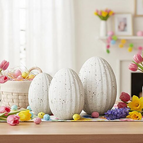 Jenaai 3 Pcs White Resin Easter Egg Decor Set - Travertine Textured Sculptures, Farmhouse Neutral Table Centerpiece for Spring/Easter Party, Indoor Home Shelf/Desk Vintage Decorations & Gifts in Saudi Arabia