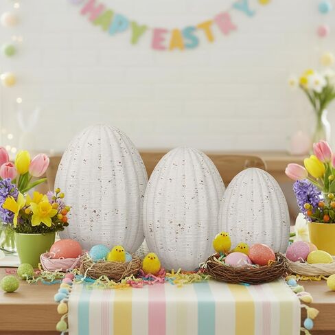 Jenaai 3 Pcs White Resin Easter Egg Decor Set - Travertine Textured Sculptures, Farmhouse Neutral Table Centerpiece for Spring/Easter Party, Indoor Home Shelf/Desk Vintage Decorations & Gifts in Saudi Arabia