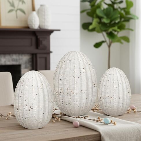Jenaai 3 Pcs White Resin Easter Egg Decor Set - Travertine Textured Sculptures, Farmhouse Neutral Table Centerpiece for Spring/Easter Party, Indoor Home Shelf/Desk Vintage Decorations & Gifts in Saudi Arabia