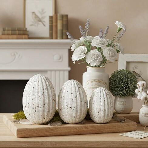 Jenaai 3 Pcs White Resin Easter Egg Decor Set - Travertine Textured Sculptures, Farmhouse Neutral Table Centerpiece for Spring/Easter Party, Indoor Home Shelf/Desk Vintage Decorations & Gifts in Saudi Arabia