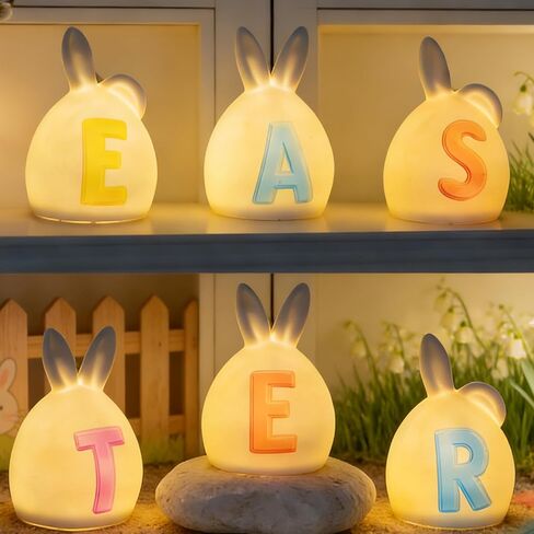 NEROSUN 6 Pack Easter Lettered Bunny Decorations, Ceramic Lighted White Rabbit Figurines Ornaments, Table Centerpiece for Easter Party, Spring Home Decor and Shelf Display in Saudi Arabia