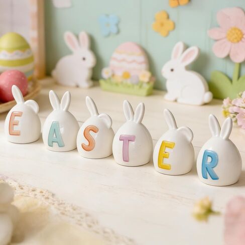 NEROSUN 6 Pack Easter Lettered Bunny Decorations, Ceramic Lighted White Rabbit Figurines Ornaments, Table Centerpiece for Easter Party, Spring Home Decor and Shelf Display in Saudi Arabia