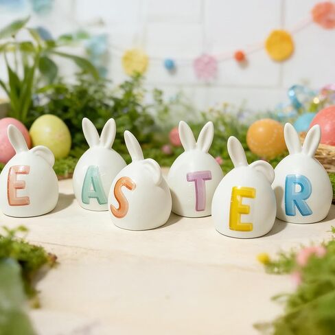 NEROSUN 6 Pack Easter Lettered Bunny Decorations, Ceramic Lighted White Rabbit Figurines Ornaments, Table Centerpiece for Easter Party, Spring Home Decor and Shelf Display in Saudi Arabia