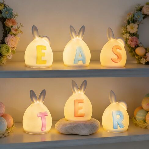 NEROSUN 6 Pack Easter Lettered Bunny Decorations, Ceramic Lighted White Rabbit Figurines Ornaments, Table Centerpiece for Easter Party, Spring Home Decor and Shelf Display in Saudi Arabia