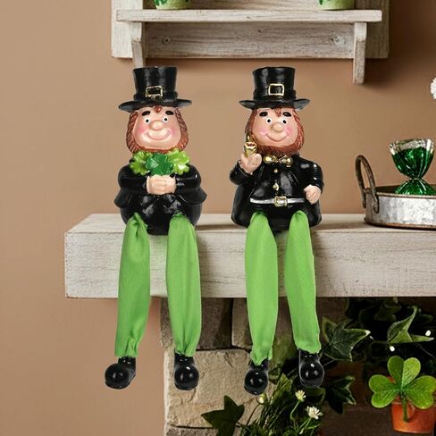 مجموعة زينة عيد القديس باتريك مكونة من قطعتين من تماثيل جنوم الراتنج مع أرجل متدلية، ديكور منزلي على سطح الطاولة، ديكور منزلي لعيد القديس باتي الأيرلندي المحظوظ، رف صينية متدرجة، رف مكتب، ديكور للعطلات in Kuwait