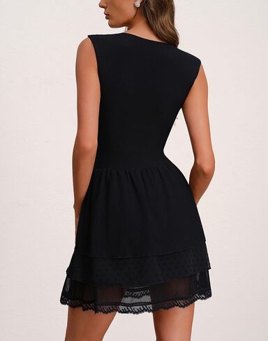 Women's V Neck Sleeveless Mesh Double Layer Tiered Ruffle Hem A-Line Short Dress in Saudi Arabia