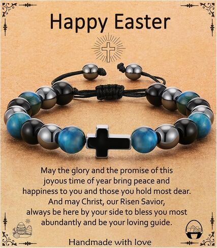 Easter Basket Stuffers- Cross Bracelet for Boys Kids Teens, Adjustable Natural Beaded Bracelets Easter Basket Essentials Christian Religious Jewelry Gifts for Teen Teenage Boys in Saudi Arabia