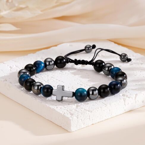 Easter Basket Stuffers- Cross Bracelet for Boys Kids Teens, Adjustable Natural Beaded Bracelets Easter Basket Essentials Christian Religious Jewelry Gifts for Teen Teenage Boys in Saudi Arabia