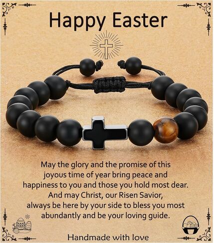 Easter Basket Stuffers- Cross Bracelet for Boys Kids Teens, Adjustable Natural Beaded Bracelets Easter Basket Essentials Christian Religious Jewelry Gifts for Teen Teenage Boys in Saudi Arabia