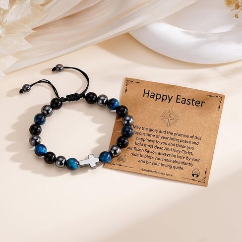 Easter Basket Stuffers- Cross Bracelet for Boys Kids Teens, Adjustable Natural Beaded Bracelets Easter Basket Essentials Christian Religious Jewelry Gifts for Teen Teenage Boys in Saudi Arabia