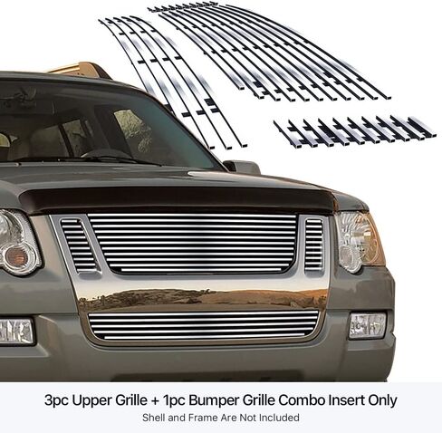 APS Compatible with Ford Explorer Sport Trac 2007-2010 Main Upper Lower Bumper Stainless Steel Chrome Polished 8x6 Horizontal Billet Front Grill Grille Insert Combo F67823S in Saudi Arabia