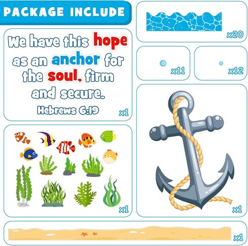 Christian Sunday School Ocean Bulletin Board Decoration Set, Religious VBS Lord Classroom Decorations Under The Sea Anchor Fish Cutouts Bible School Library Church Window Wall Door Decor for Teacher in Kuwait