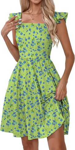 فساتين Naggoo الصيفية النسائية الكاجوال برقبة مربعة وفستان صيفي مزين بالورود مع جيوب على شكل حرف A فستان شاطئ واسع in Kuwait