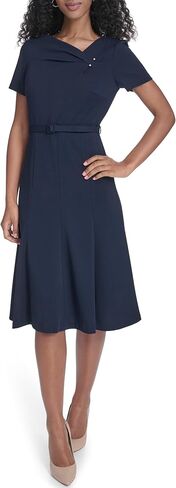 Calvin Klein Women's Short Sleeve Asymmetrical Neck Belted Scuba Crepe A-line Dress in Saudi Arabia