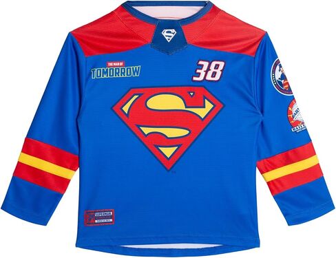 تي شيرت جيرسي بأكمام طويلة من DC Comics Justice League Superman Mesh Hockey Jersey مقاسات الأطفال الصغار إلى الأطفال الكبار (2T - 14-16) in Saudi Arabia