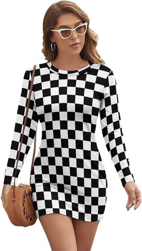 فستان قصير للسيدات من SZDIZOWE باللون الأسود والأبيض ذو علم مربعات وأكمام طويلة ورقبة دائرية in Kuwait