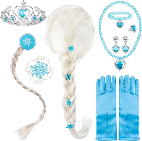 Princess Dress Up Accessories Set Ice Queen Jewelry Hair Kit Wig Braid Crown Gloves Necklace Bracelet Earrings Ring Snowflake Stickers in Kuwait