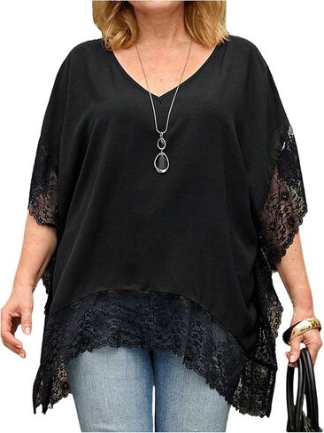 Women's Plus Size Lace Trim Shirts V Neck Half Sleeve Oversized Dressy Casual Blouses in Saudi Arabia
