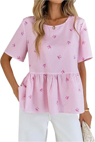 SOLY HUX Women's Peplum Blouse Striped Bow Short Sleeve Shirts Aesthetic Cute Babydoll Tops in Saudi Arabia